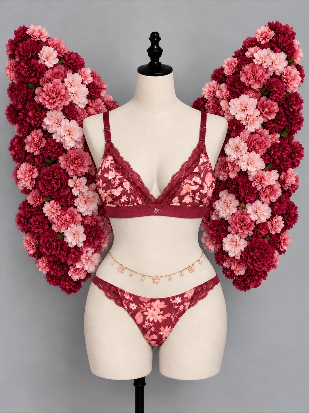 🍒3/33$ La Vie En Rose Floral Lace Bralette - Burgundy & Pink
